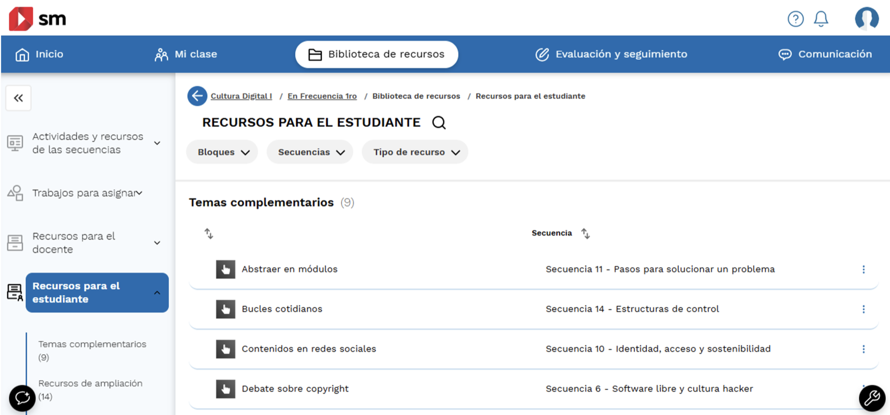 Vista de recursos para el estudiante en SM Aprendizaje